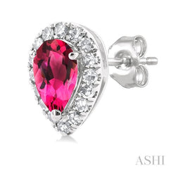 5x3 MM Pear Shape Pink Tourmaline and 1/8 Ctw Single Cut Diamond Halo Semi-Precious Stud Earrings in 14K White Gold