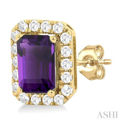 6x4 MM Octagonal Shape Amethyst and 1/4 Ctw Round Cut Diamond Halo Semi-Precious Stud Earrings in 14K Yellow Gold