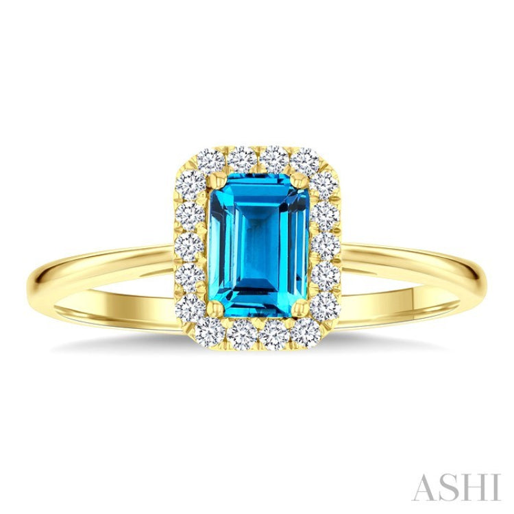 6x4 MM Octagonal Shape Blue Topaz and 1/6 Ctw Round Cut Diamond Halo Semi-Precious Ring in 10K Yellow Gold