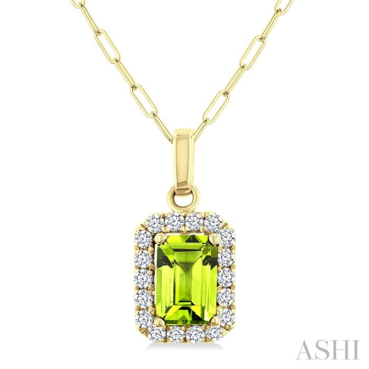 6x4 MM Octagonal Shape Peridot and 1/6 Ctw Round Cut Diamond Halo Semi-Precious Pendant with Chain in 14K Yellow Gold
