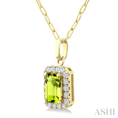6x4 MM Octagonal Shape Peridot and 1/6 Ctw Round Cut Diamond Halo Semi-Precious Pendant with Chain in 14K Yellow Gold
