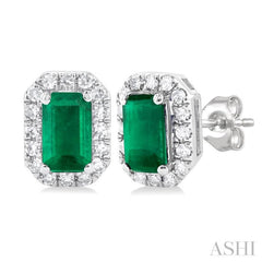 5x3 MM Octagonal Shape Emerald and 1/8 Ctw Single Cut Diamond Halo Precious Stud Earrings in 14K White Gold