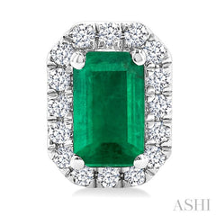5x3 MM Octagonal Shape Emerald and 1/8 Ctw Round Cut Diamond Halo Precious Stud Earrings in 14K White Gold