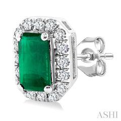 5x3 MM Octagonal Shape Emerald and 1/8 Ctw Round Cut Diamond Halo Precious Stud Earrings in 14K White Gold