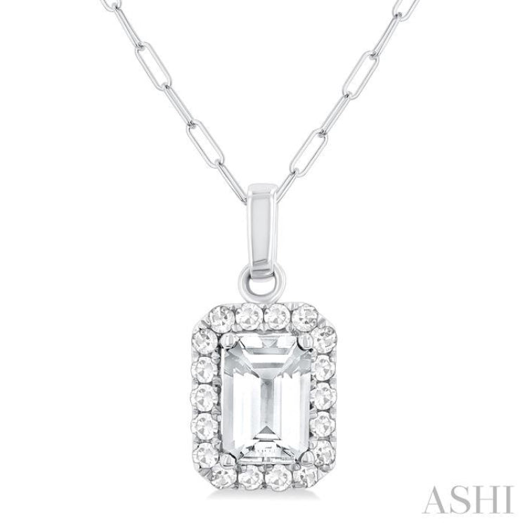 6x4 MM Octagonal Shape White Topaz and 1/6 Ctw Round Cut Diamond Halo Semi-Precious Pendant with Chain in 10K White Gold