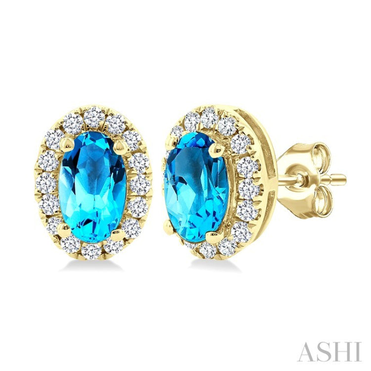 5x3 MM Oval Shape Blue Topaz and 1/8 Ctw Round Cut Diamond Halo Semi-Precious Stud Earrings in 10K Yellow Gold