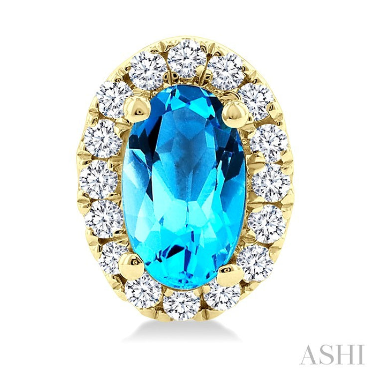 5x3 MM Oval Shape Blue Topaz and 1/8 Ctw Round Cut Diamond Halo Semi-Precious Stud Earrings in 10K Yellow Gold