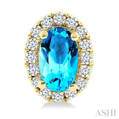 5x3 MM Oval Shape Blue Topaz and 1/8 Ctw Round Cut Diamond Halo Semi-Precious Stud Earrings in 10K Yellow Gold