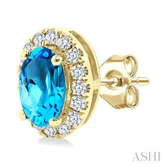 5x3 MM Oval Shape Blue Topaz and 1/8 Ctw Round Cut Diamond Halo Semi-Precious Stud Earrings in 10K Yellow Gold