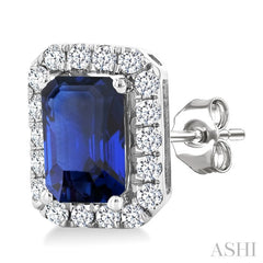 6x4 MM Octagonal Shape Sapphire and 1/4 Ctw Round Cut Diamond Halo Precious Stud Earrings in 14K White Gold