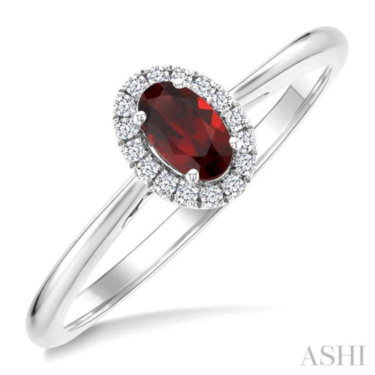 5x3 MM Oval Shape Garnet and 1/20 Ctw Round Cut Diamond Halo Semi-Precious Ring in 10K White Gold
