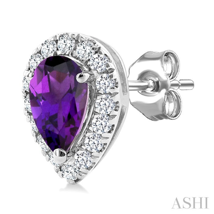5x3 MM Pear Shape Amethyst and 1/8 Ctw Round Cut Diamond Halo Semi-Precious Stud Earrings in 10K White Gold