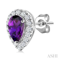 5x3 MM Pear Shape Amethyst and 1/8 Ctw Round Cut Diamond Halo Semi-Precious Stud Earrings in 10K White Gold