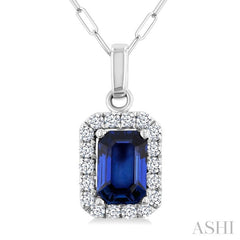 6x4 MM Octagonal Shape Sapphire and 1/6 Ctw Round Cut Diamond Halo Precious Pendant with Chain in 14K White Gold