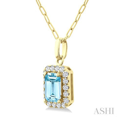 6x4 MM Octagonal Shape Aquamarine and 1/6 Ctw Round Cut Diamond Halo Semi-Precious Pendant with Chain in 10K Yellow Gold