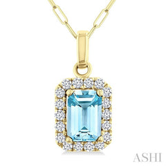 6x4 MM Octagonal Shape Aquamarine and 1/6 Ctw Round Cut Diamond Halo Semi-Precious Pendant with Chain in 10K Yellow Gold
