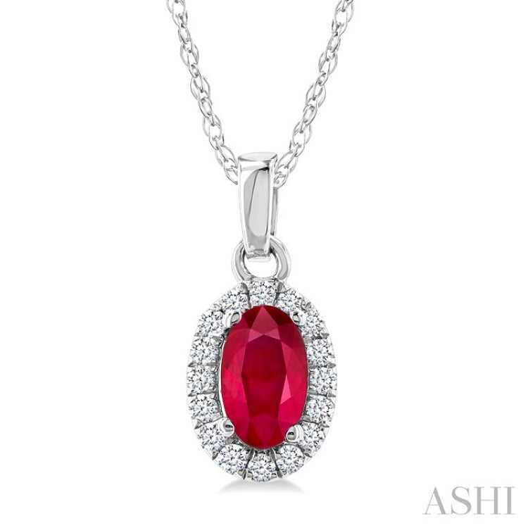5x3 MM Oval Shape Ruby and 1/20 Ctw Round Cut Diamond Halo Precious Pendant with Chain in 10K White Gold