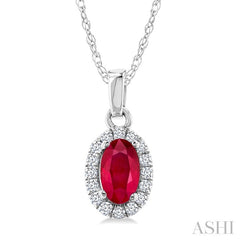 5x3 MM Oval Shape Ruby and 1/20 Ctw Round Cut Diamond Halo Precious Pendant with Chain in 10K White Gold