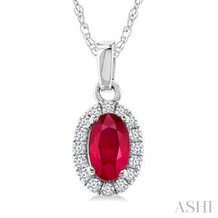5x3 MM Oval Shape Ruby and 1/20 Ctw Round Cut Diamond Halo Precious Pendant with Chain in 10K White Gold