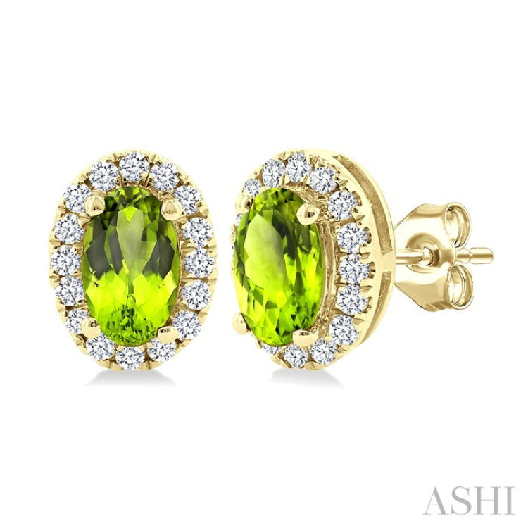 5x3 MM Oval Shape Peridot and 1/8 Ctw Round Cut Diamond Halo Semi-Precious Stud Earrings in 10K Yellow Gold