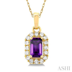 5x3 MM Octagonal Shape Amethyst and 1/20 Ctw Single Cut Diamond Halo Semi-Precious Pendant with Chain in 10K Yellow Gold