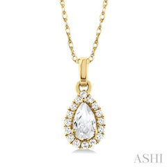 5x3 MM Pear Shape White Topaz and 1/20 Ctw Single Cut Diamond Halo Semi-Precious Pendant with Chain in 14K Yellow Gold