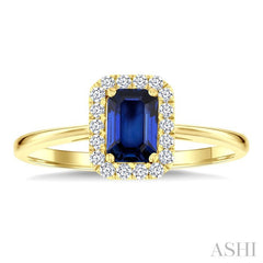 6x4 MM Octagonal Shape Sapphire and 1/6 Ctw Round Cut Diamond Halo Precious Ring in 10K Yellow Gold
