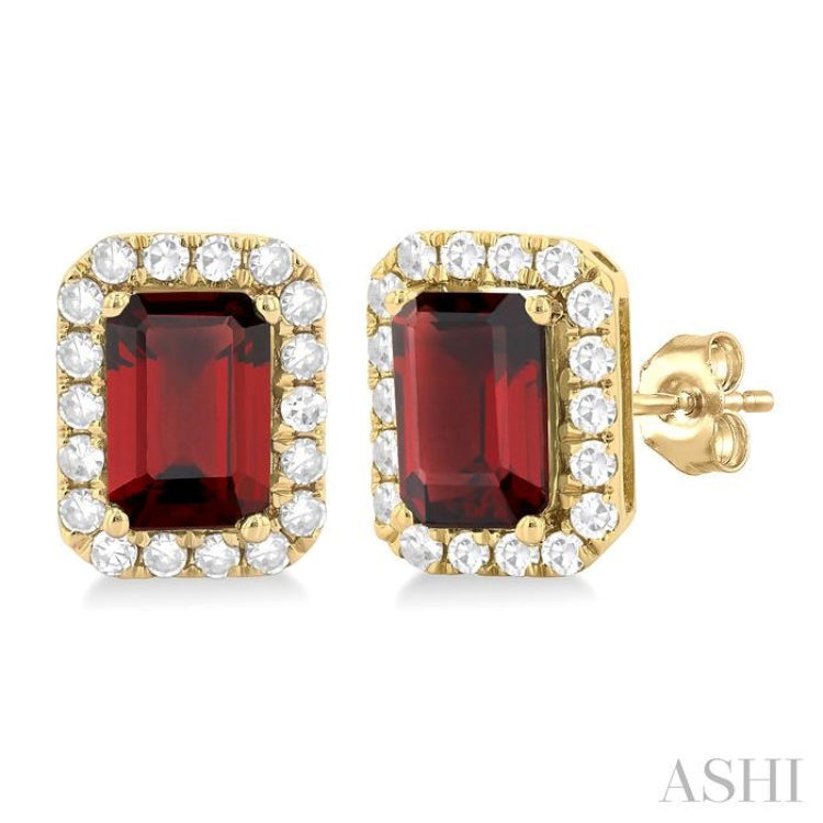 6x4 MM Octagonal Shape Garnet and 1/4 Ctw Round Cut Diamond Halo Semi-Precious Stud Earrings in 10K Yellow Gold
