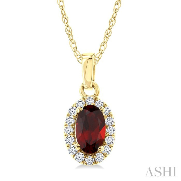 5x3 MM Oval Shape Garnet and 1/20 Ctw Round Cut Diamond Halo Semi-Precious Pendant with Chain in 10K Yellow Gold