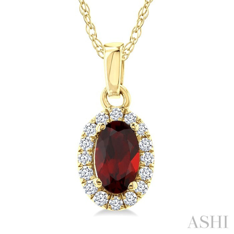 5x3 MM Oval Shape Garnet and 1/20 Ctw Round Cut Diamond Halo Semi-Precious Pendant with Chain in 10K Yellow Gold