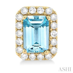6x4 MM Octagonal Shape Aquamarine and 1/4 Ctw Round Cut Diamond Halo Semi-Precious Stud Earrings in 14K Yellow Gold