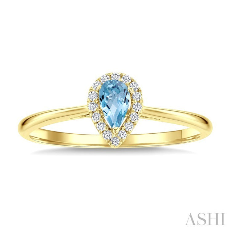 5x3 MM Pear Shape Aquamarine and 1/20 Ctw Round Cut Diamond Halo Semi-Precious Ring in 10K Yellow Gold
