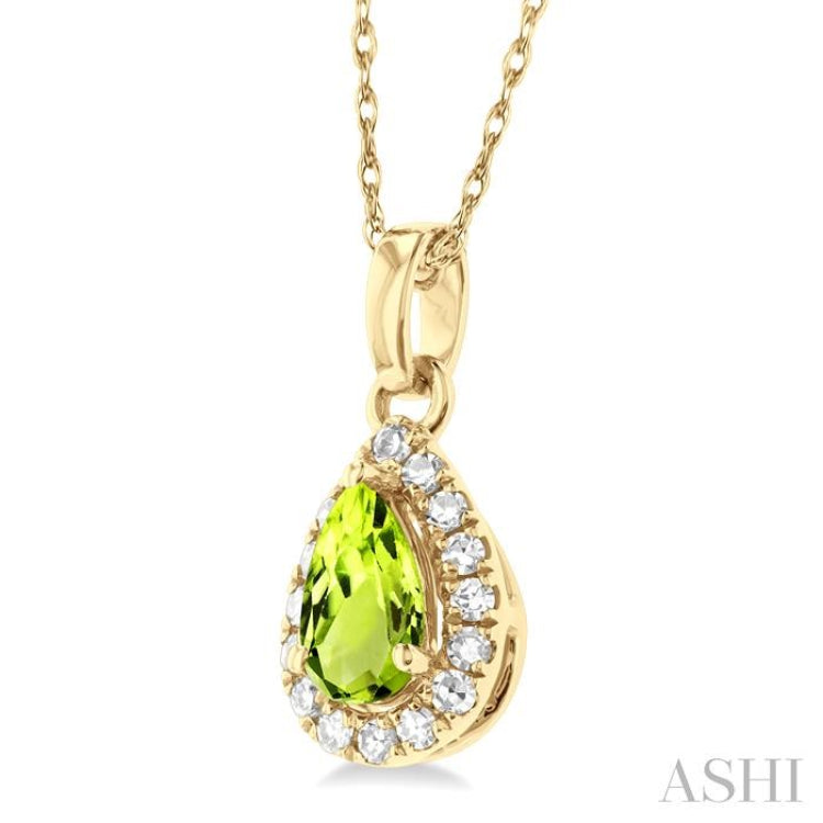 5x3 MM Pear Shape Peridot and 1/20 Ctw Single Cut Diamond Halo Semi-Precious Pendant with Chain in 14K Yellow Gold