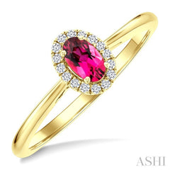 5x3 MM Oval Shape Pink Tourmaline and 1/20 Ctw Round Cut Diamond Halo Semi-Precious Ring in 10K Yellow Gold