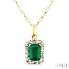 6x4 MM Octagonal Shape Emerald and 1/6 Ctw Round Cut Diamond Halo Precious Pendant with Chain in 10K Yellow Gold