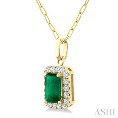 6x4 MM Octagonal Shape Emerald and 1/6 Ctw Round Cut Diamond Halo Precious Pendant with Chain in 10K Yellow Gold