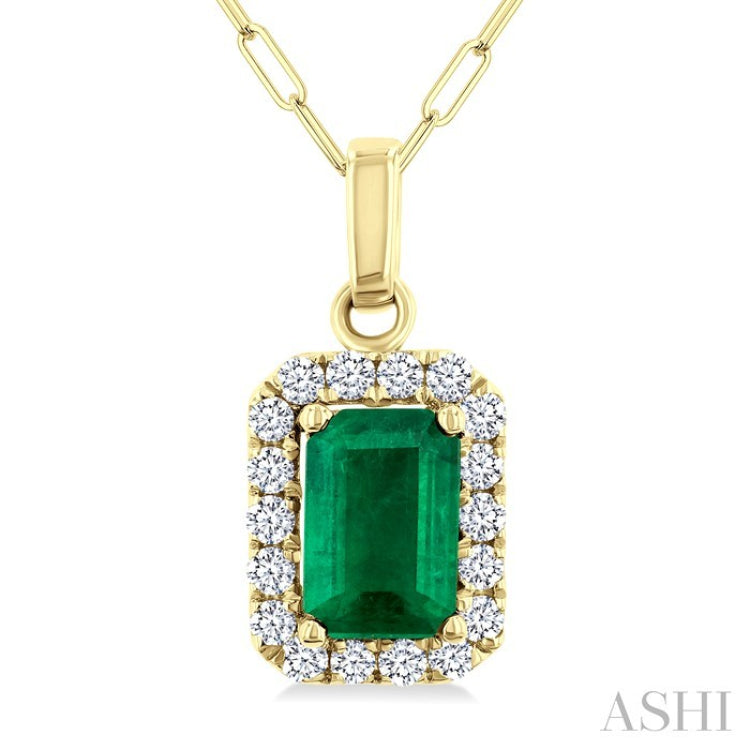 6x4 MM Octagonal Shape Emerald and 1/6 Ctw Round Cut Diamond Halo Precious Pendant with Chain in 10K Yellow Gold