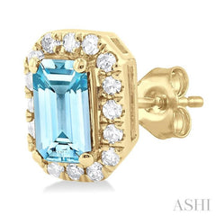 5x3 MM Octagonal Shape Aquamarine and 1/8 Ctw Single Cut Diamond Halo Semi-Precious Stud Earrings in 14K Yellow Gold