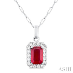 6x4 MM Octagonal Shape Ruby and 1/6 Ctw Round Cut Diamond Halo Precious Pendant with Chain in 14K White Gold