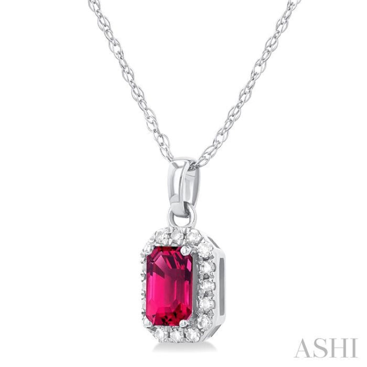5x3 MM Octagonal Shape Pink Tourmaline and 1/20 Ctw Single Cut Diamond Halo Semi-Precious Pendant with Chain in 14K White Gold