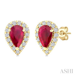 6x4 MM Pear Shape Ruby and 1/4 Ctw Round Cut Diamond Halo Precious Stud Earrings in 14K Yellow Gold