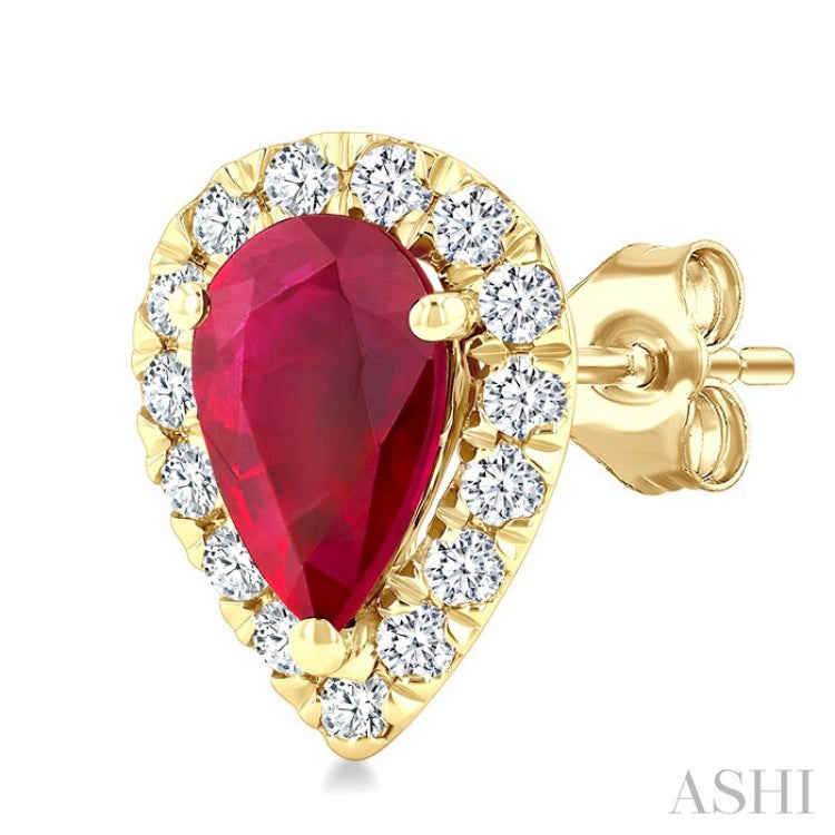 6x4 MM Pear Shape Ruby and 1/4 Ctw Round Cut Diamond Halo Precious Stud Earrings in 14K Yellow Gold