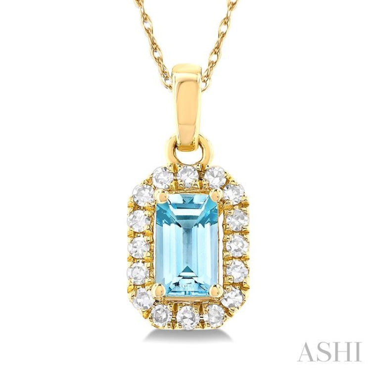5x3 MM Octagonal Shape Aquamarine and 1/20 Ctw Single Cut Diamond Halo Semi-Precious Pendant with Chain in 10K Yellow Gold