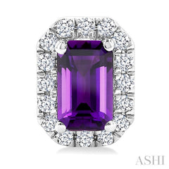 5x3 MM Octagonal Shape Amethyst and 1/8 Ctw Round Cut Diamond Halo Semi-Precious Stud Earrings in 10K White Gold