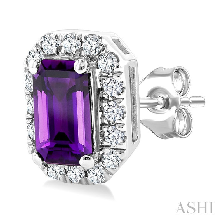 5x3 MM Octagonal Shape Amethyst and 1/8 Ctw Round Cut Diamond Halo Semi-Precious Stud Earrings in 10K White Gold