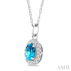 5x3 MM Oval Shape Blue Topaz and 1/20 Ctw Round Cut Diamond Halo Semi-Precious Pendant with Chain in 10K White Gold