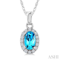 5x3 MM Oval Shape Blue Topaz and 1/20 Ctw Round Cut Diamond Halo Semi-Precious Pendant with Chain in 10K White Gold