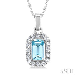 5x3 MM Octagonal Shape Aquamarine and 1/20 Ctw Round Cut Diamond Halo Semi-Precious Pendant with Chain in 10K White Gold