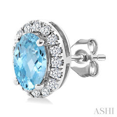 5x3 MM Oval Shape Aquamarine and 1/8 Ctw Round Cut Diamond Halo Semi-Precious Stud Earrings in 10K White Gold