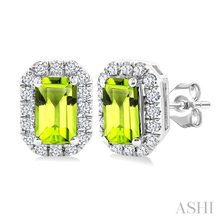 5x3 MM Octagonal Shape Peridot and 1/8 Ctw Round Cut Diamond Halo Semi-Precious Stud Earrings in 10K White Gold